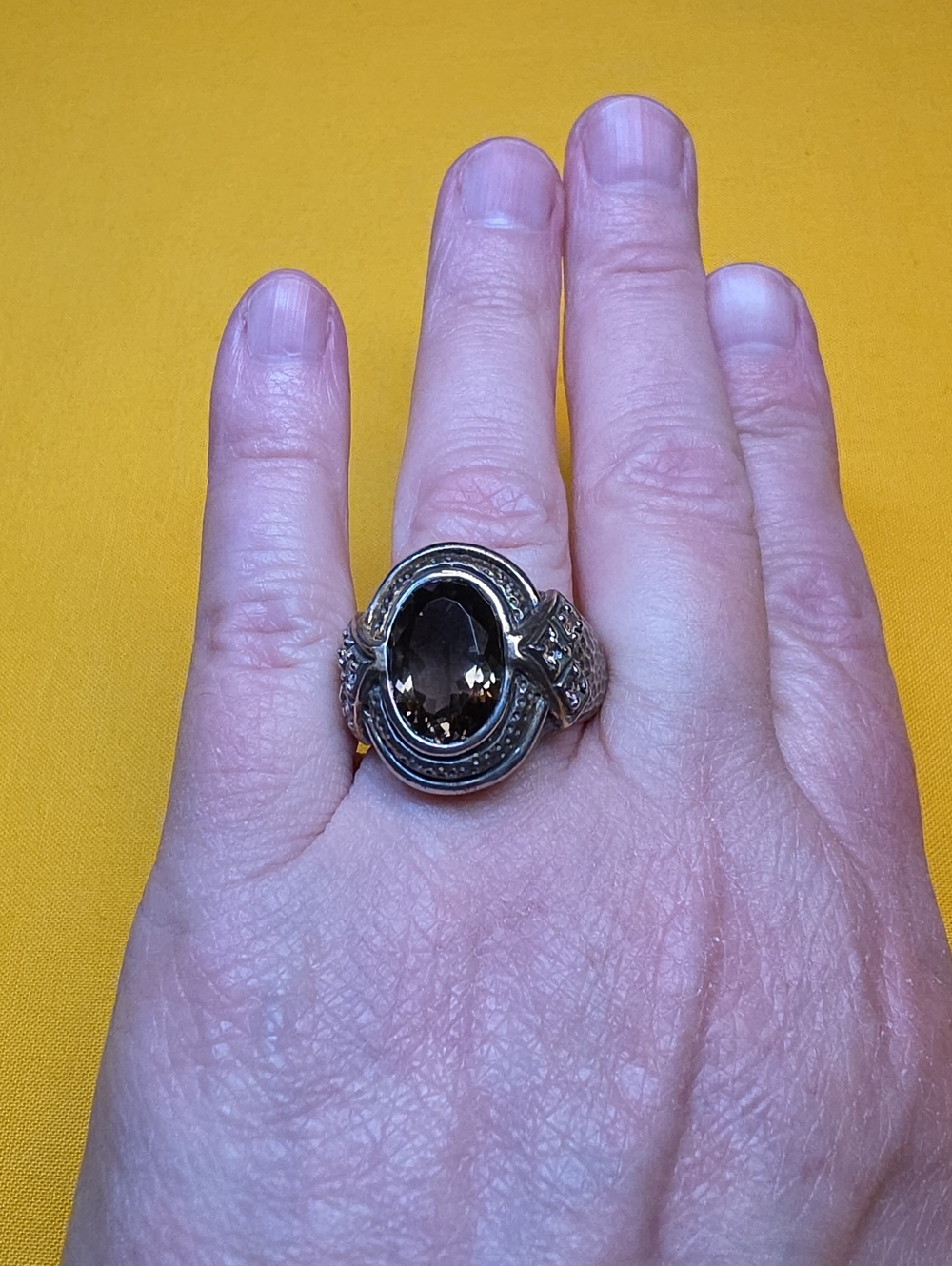 Vintage Textured 925 Ring w/ Cushion-Cut or Oval Smoky Quartz or Topaz Stone